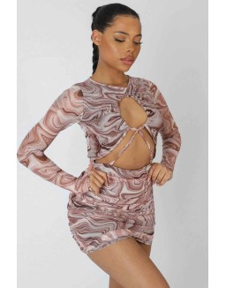 Printed Mesh Cut Out Ruched Mini Dress Brown