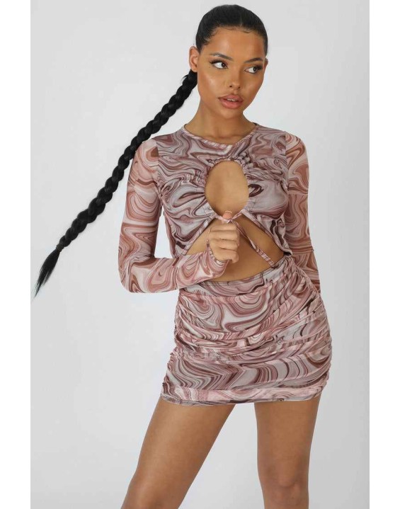 Printed Mesh Cut Out Ruched Mini Dress Brown