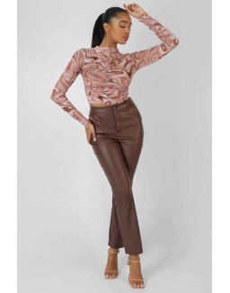 Printed Mesh Ruched Front Crop Top Brown