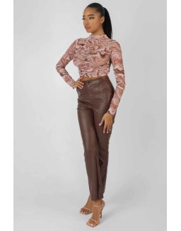 Printed Mesh Ruched Front Crop Top Brown