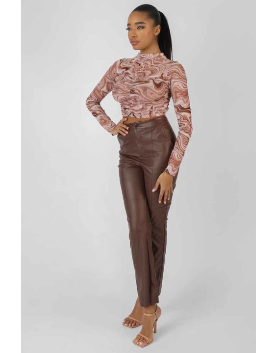 Printed Mesh Ruched Front Crop Top Brown