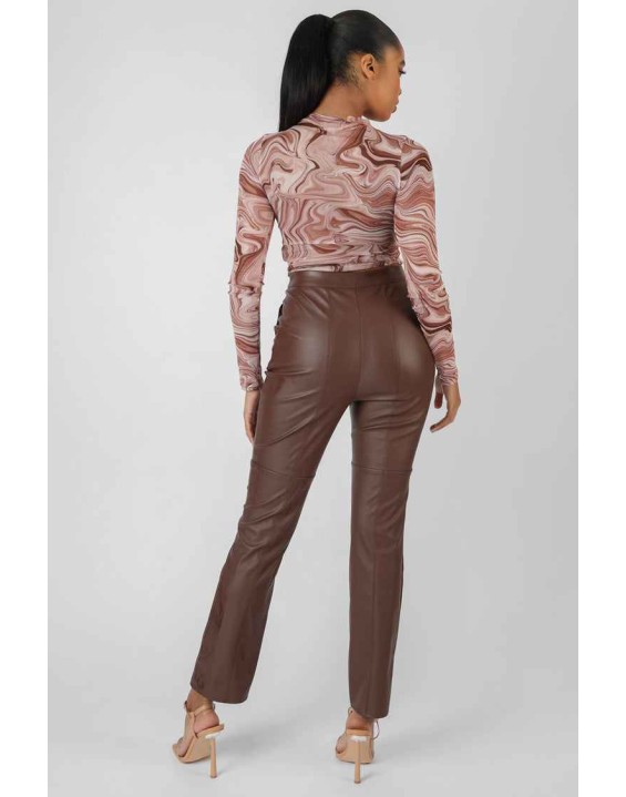 Printed Mesh Ruched Front Crop Top Brown