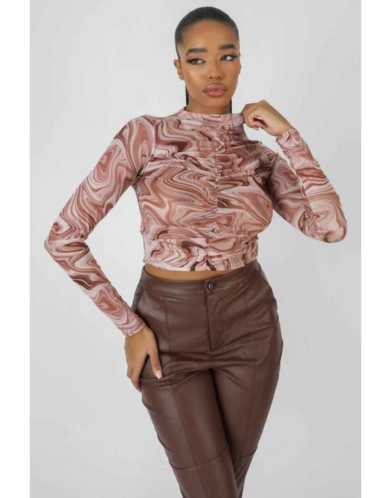 Printed Mesh Ruched Front Crop Top Brown