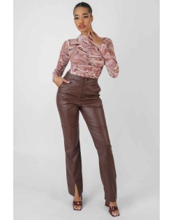 Printed Mesh High Neck Bodysuit Brown