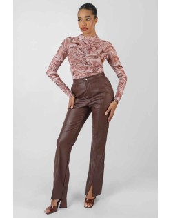 Printed Mesh High Neck Bodysuit Brown