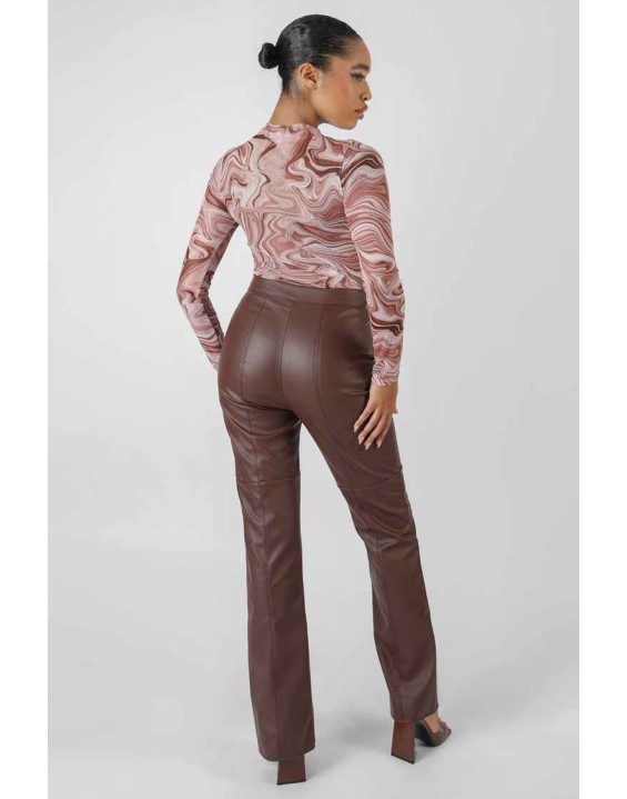Printed Mesh High Neck Bodysuit Brown