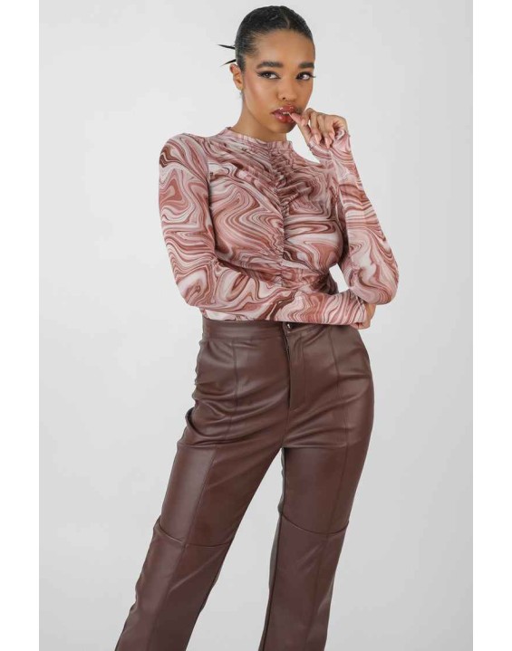 Printed Mesh High Neck Bodysuit Brown