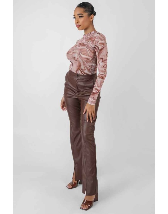 Printed Mesh High Neck Bodysuit Brown