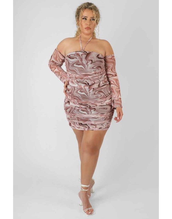 Curve Printed Mesh Ruched Bardot Dress Brown