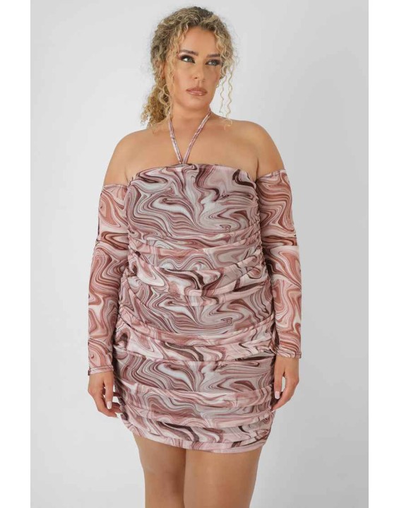 Curve Printed Mesh Ruched Bardot Dress Brown