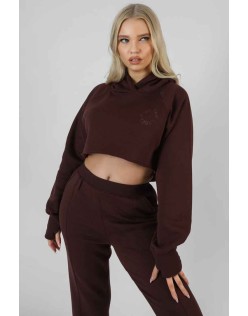 Embroidered Cropped Hoodie Dark Brown