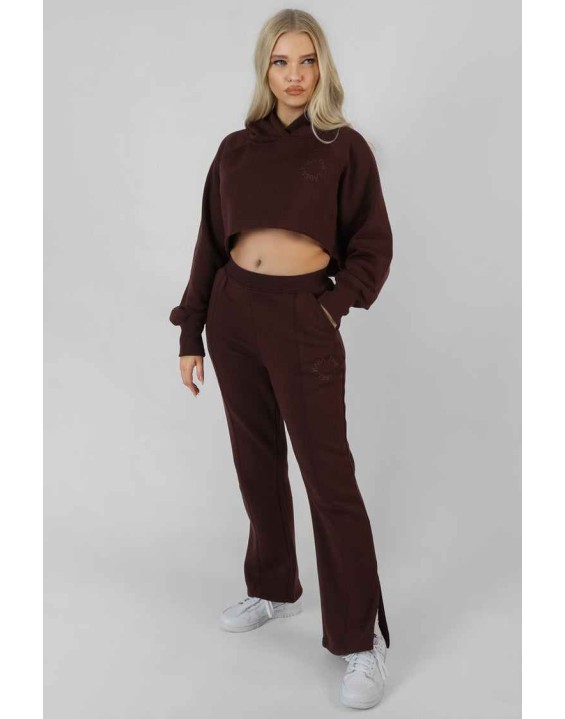 Embroidered Cropped Hoodie Dark Brown
