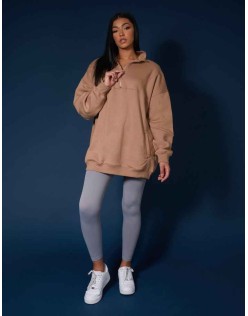 Oversized Half Zip Pullover Sweat Dress Camel