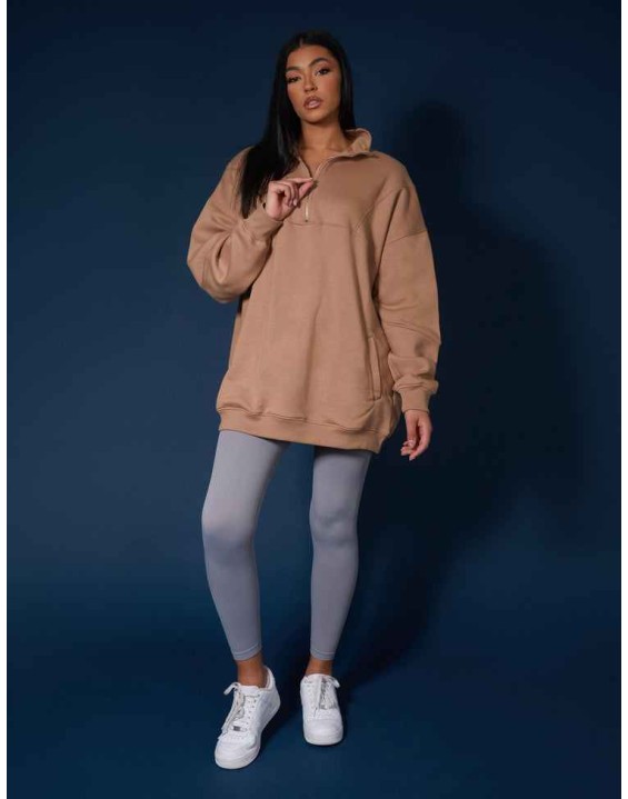 Oversized Half Zip Pullover Sweat Dress Camel