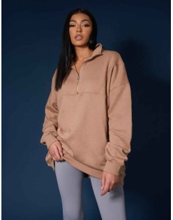 Oversized Half Zip Pullover Sweat Dress Camel