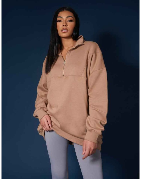 Oversized Half Zip Pullover Sweat Dress Camel