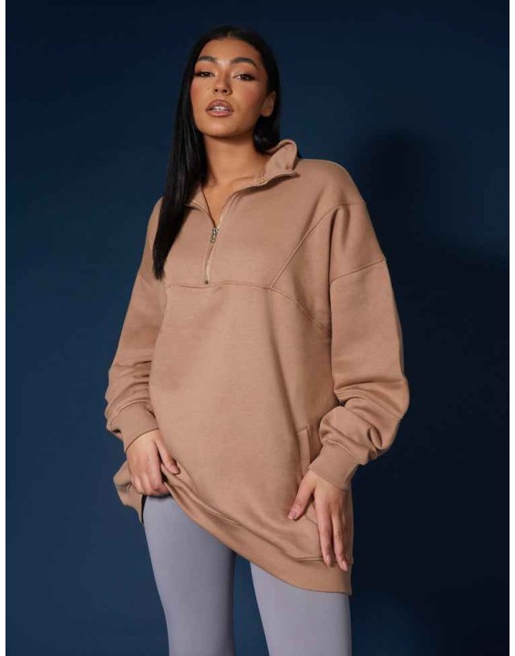 Oversized Half Zip Pullover Sweat Dress Camel