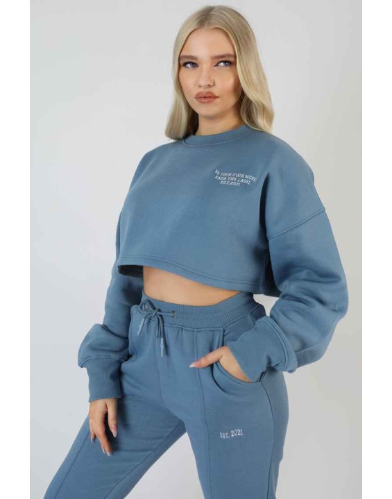 Be Your Own Muse Wave Print Cropped Sweatshirt Blue