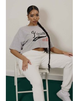 Varsity Embroidery Cropped T-Shirt Grey Marl