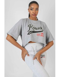Varsity Embroidery Cropped T-Shirt Grey Marl