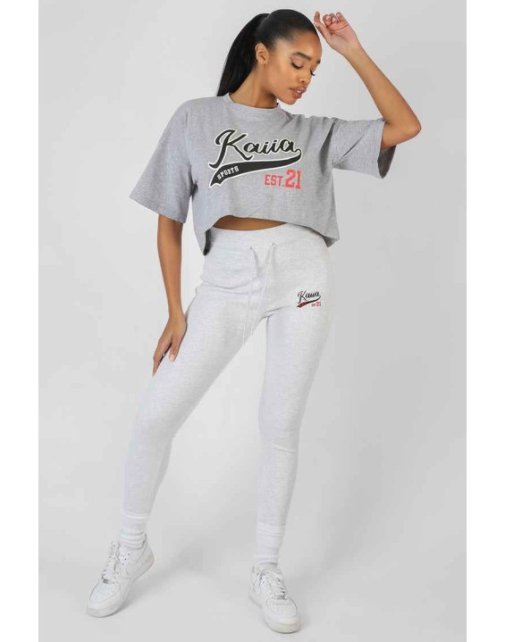 Varsity Embroidery Cropped T-Shirt Grey Marl