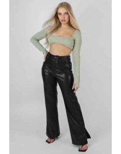 Ribbed Underbust Square Neck Crop Top Khaki