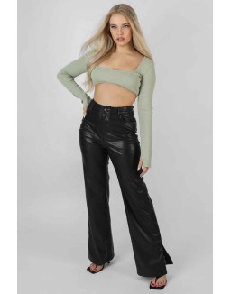 Ribbed Underbust Square Neck Crop Top Khaki