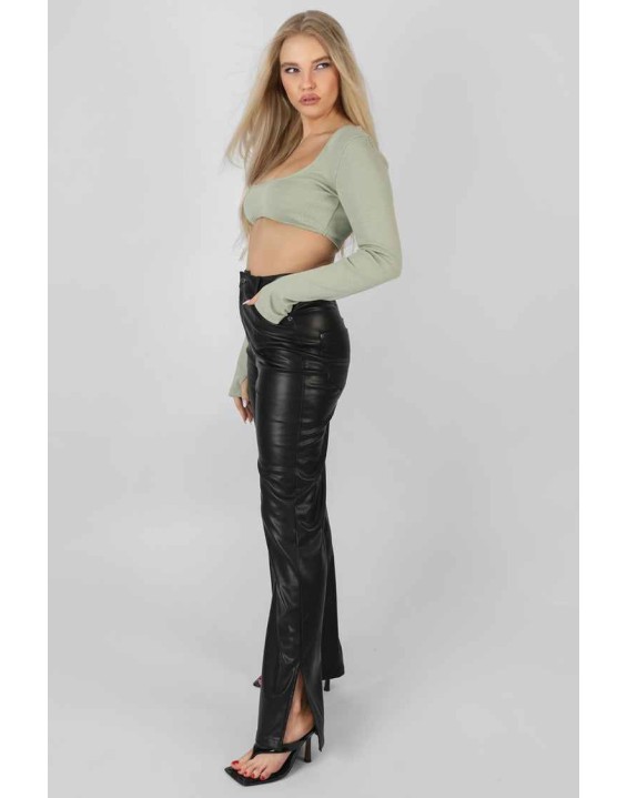 Ribbed Underbust Square Neck Crop Top Khaki