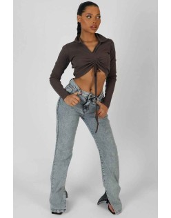 Long Sleeve Collar Ruched Top Taupe