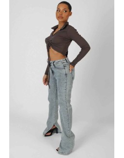 Long Sleeve Collar Ruched Top Taupe