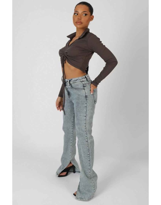Long Sleeve Collar Ruched Top Taupe