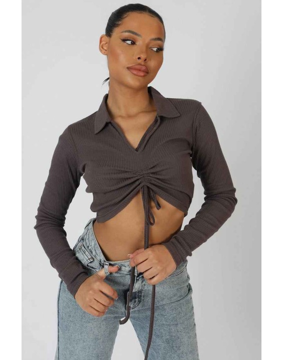 Long Sleeve Collar Ruched Top Taupe