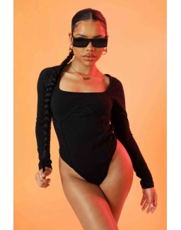 Underbust Seam Square Neck Bodysuit Black