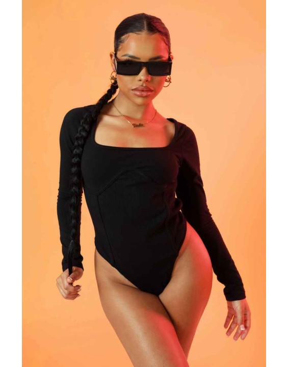 Underbust Seam Square Neck Bodysuit Black