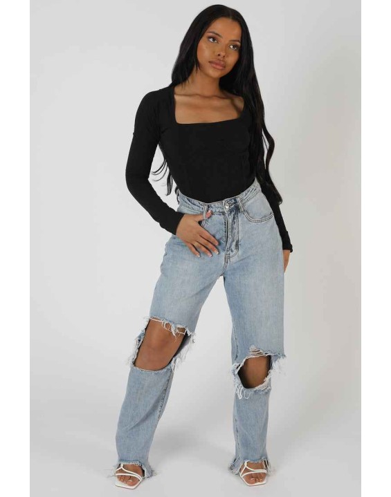 Underbust Seam Square Neck Bodysuit Black