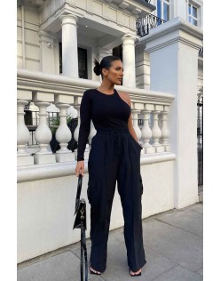One Sleeve Asymmetric Bodysuit Black