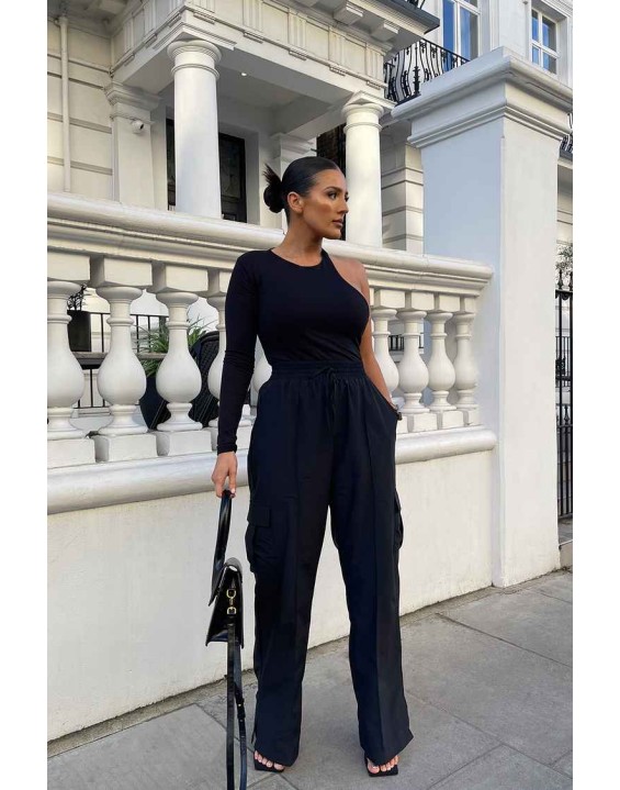One Sleeve Asymmetric Bodysuit Black