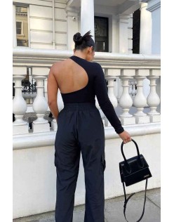One Sleeve Asymmetric Bodysuit Black