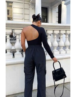 One Sleeve Asymmetric Bodysuit Black