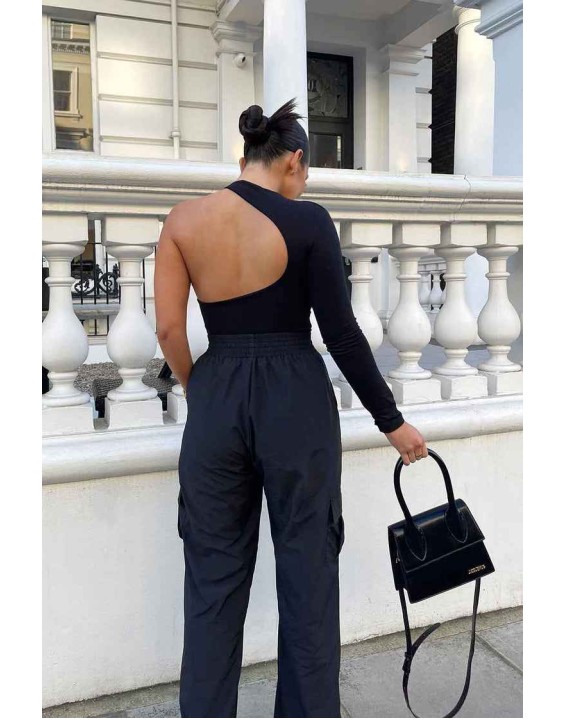 One Sleeve Asymmetric Bodysuit Black