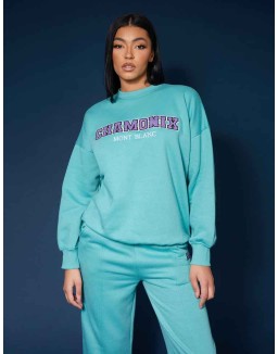 Oversized Embroidered Slogan Sweatshirt Aqua