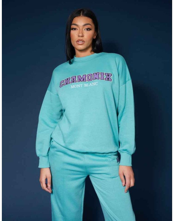 Oversized Embroidered Slogan Sweatshirt Aqua