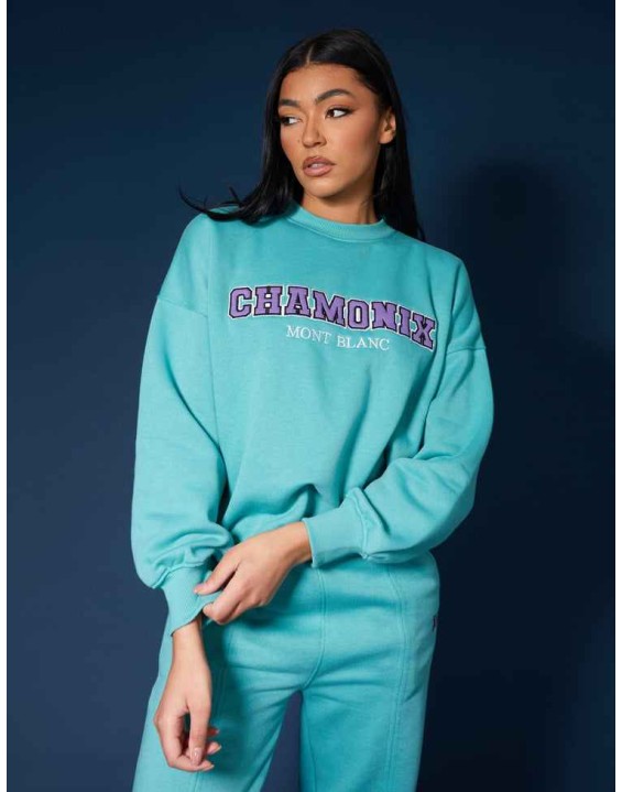 Oversized Embroidered Slogan Sweatshirt Aqua