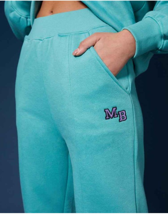 Seam Front Straight Leg Embroidered Joggers Aqua