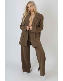 Oversized Longline Double Breasted Pocket Detail Blazer Mushroom