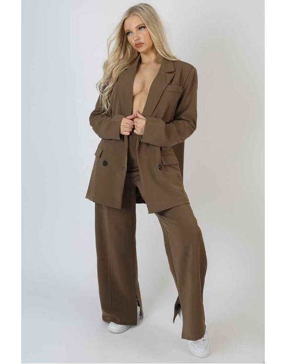 Oversized Longline Double Breasted Pocket Detail Blazer Mushroom