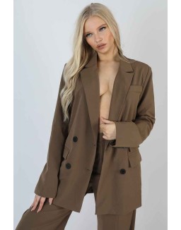 Oversized Longline Double Breasted Pocket Detail Blazer Mushroom