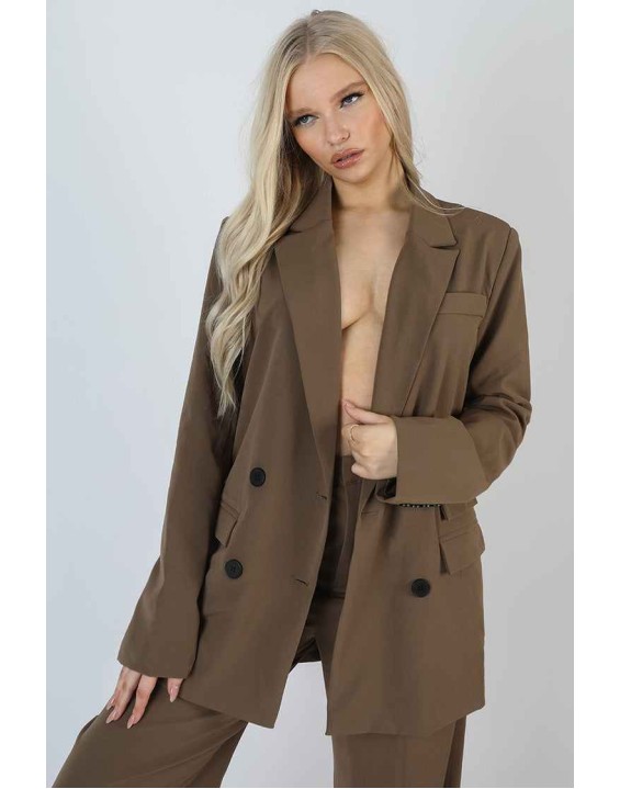Oversized Longline Double Breasted Pocket Detail Blazer Mushroom