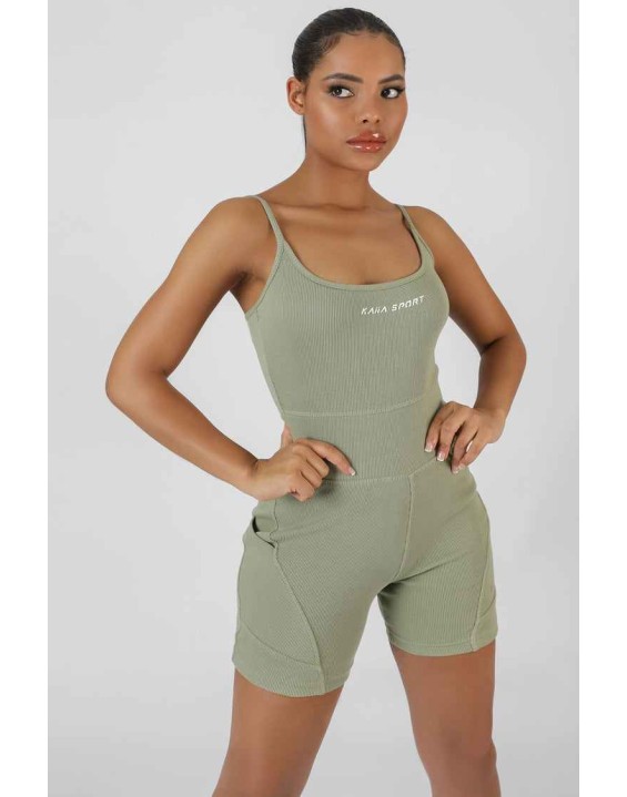 Pocket Detail Kaiia Sport Short Unitard Khaki
