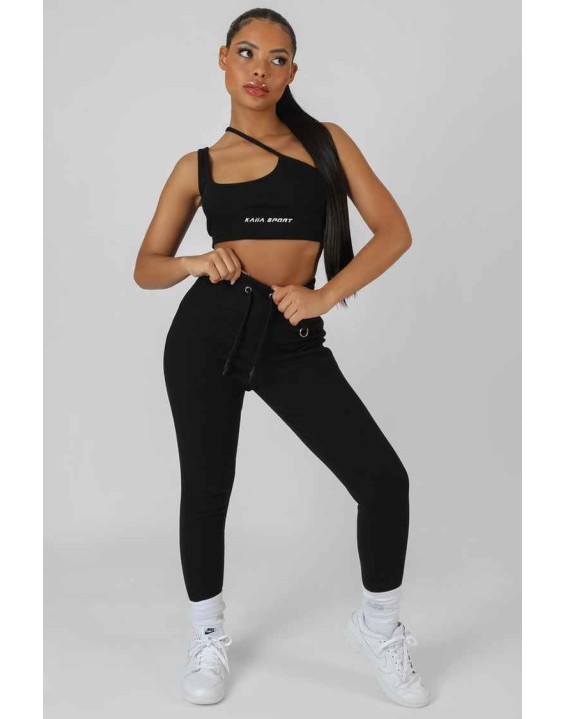 Asymmetric Strappy Kaiia Sport Crop Top Black
